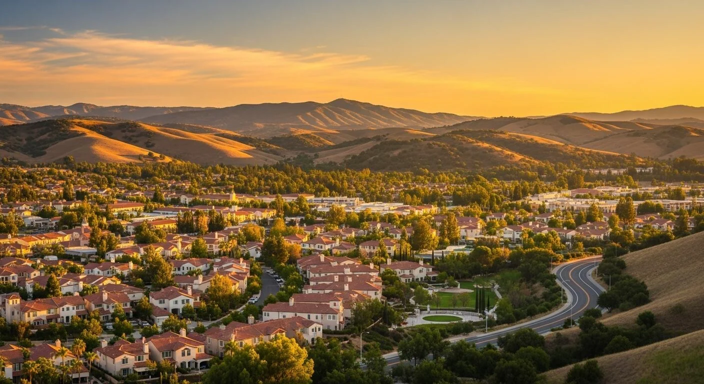 Golden-hour view over Santa Clarita Valley neighborhoods and surrounding hills